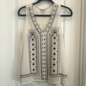 Joie 100% silk white tank top with black stitched embroidery